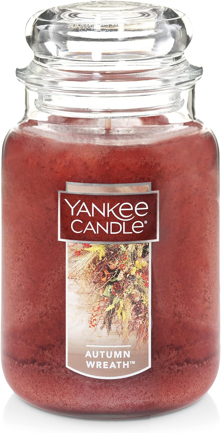 Yankee Candle Autumn Wreath Scented, Classic 22oz Large Jar Single Wick Aromatherapy Candle, Over 110 Hours of Burn Time, Apothecary Jar Fall Candle, Autumn Candle Scented for Home - 24hrsmart